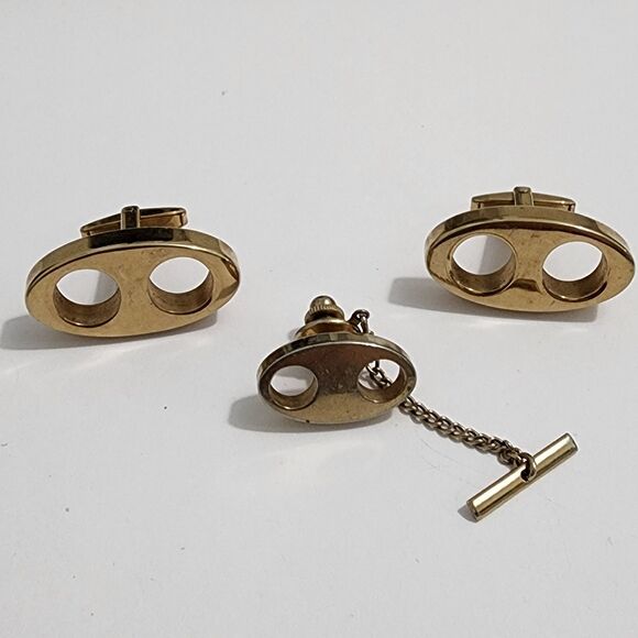 VTG Sarah Coventry Goldtone Cuff Links & Tie Tac Set Mid Century Modern Rare - Picture 1 of 10